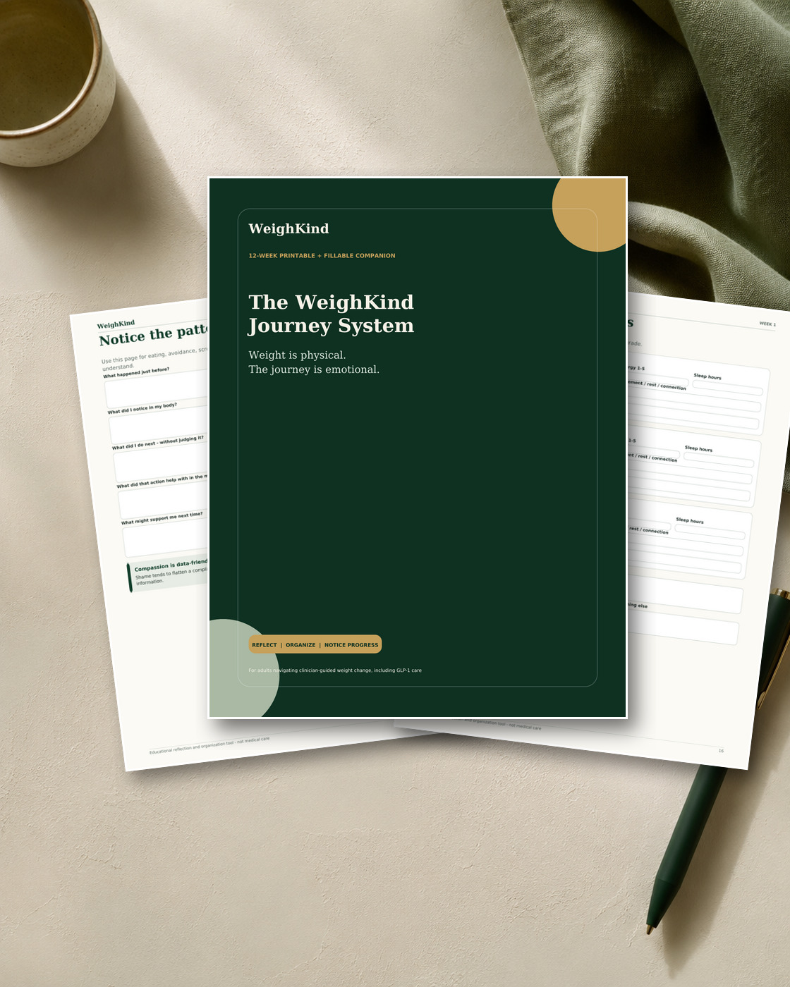 WeighKind Journey System workbook cover shown with two interior pages on a calm desk