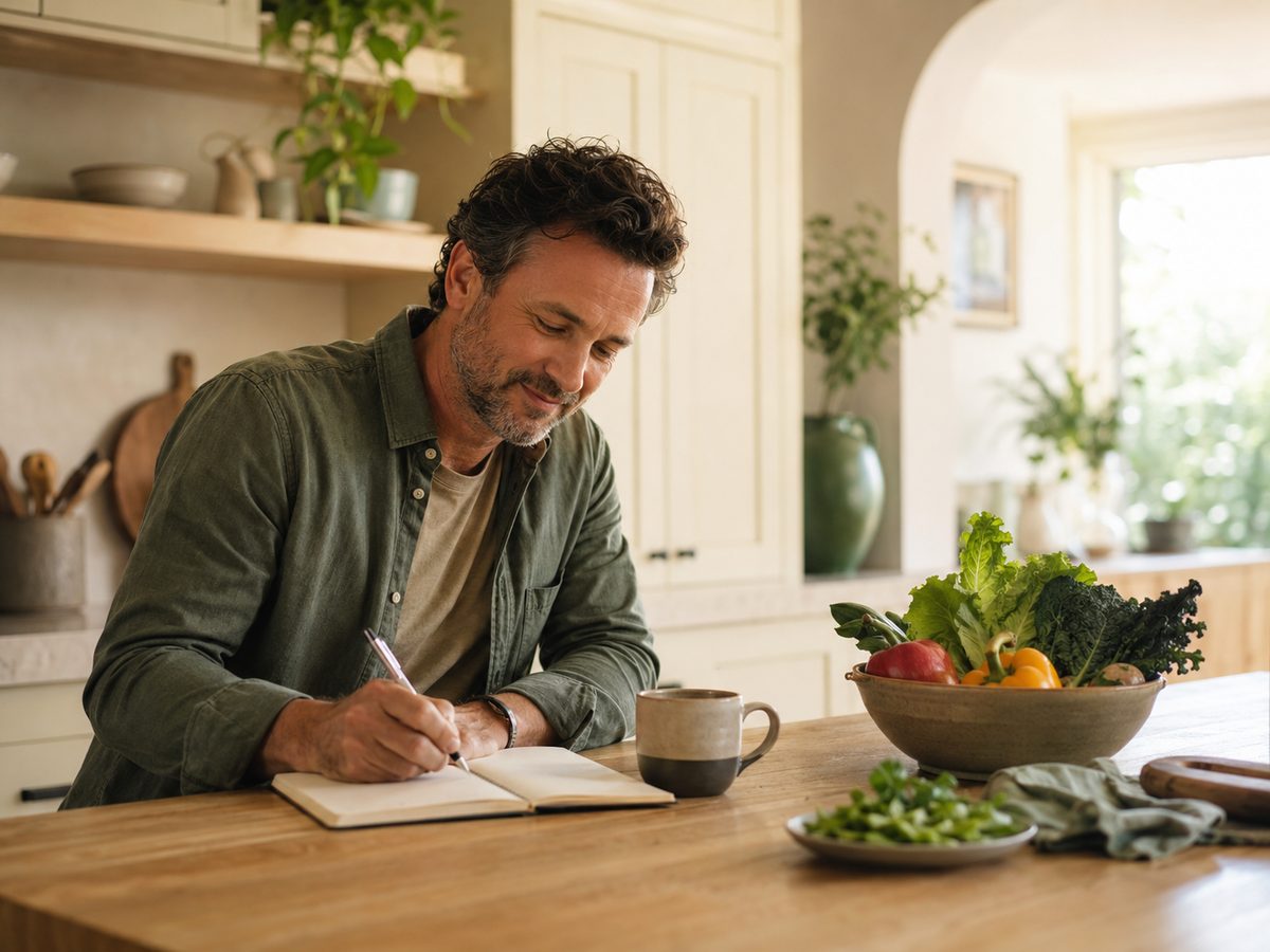 A man leaning over a kitchen island writing in a notebook, with a bowl of peppers and leafy greens in front of him.